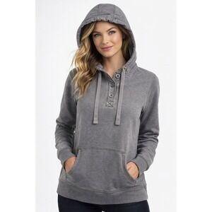 Cabelas Women's Gray Henley Hoodie Pullover Button Neck Kangaroo Pocket Small